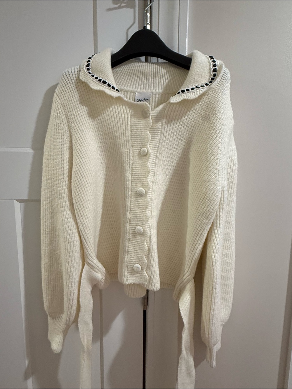 Cream Knit Button-Up Sweater with Decorative Collar